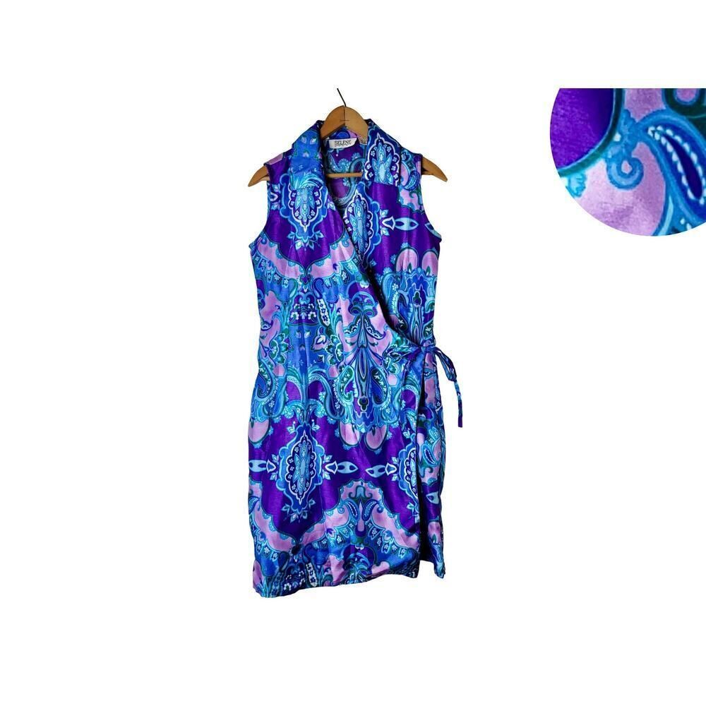 Selene Sport Vintage Wrap Dress Purple Paisley Sleeveless Boho Size M